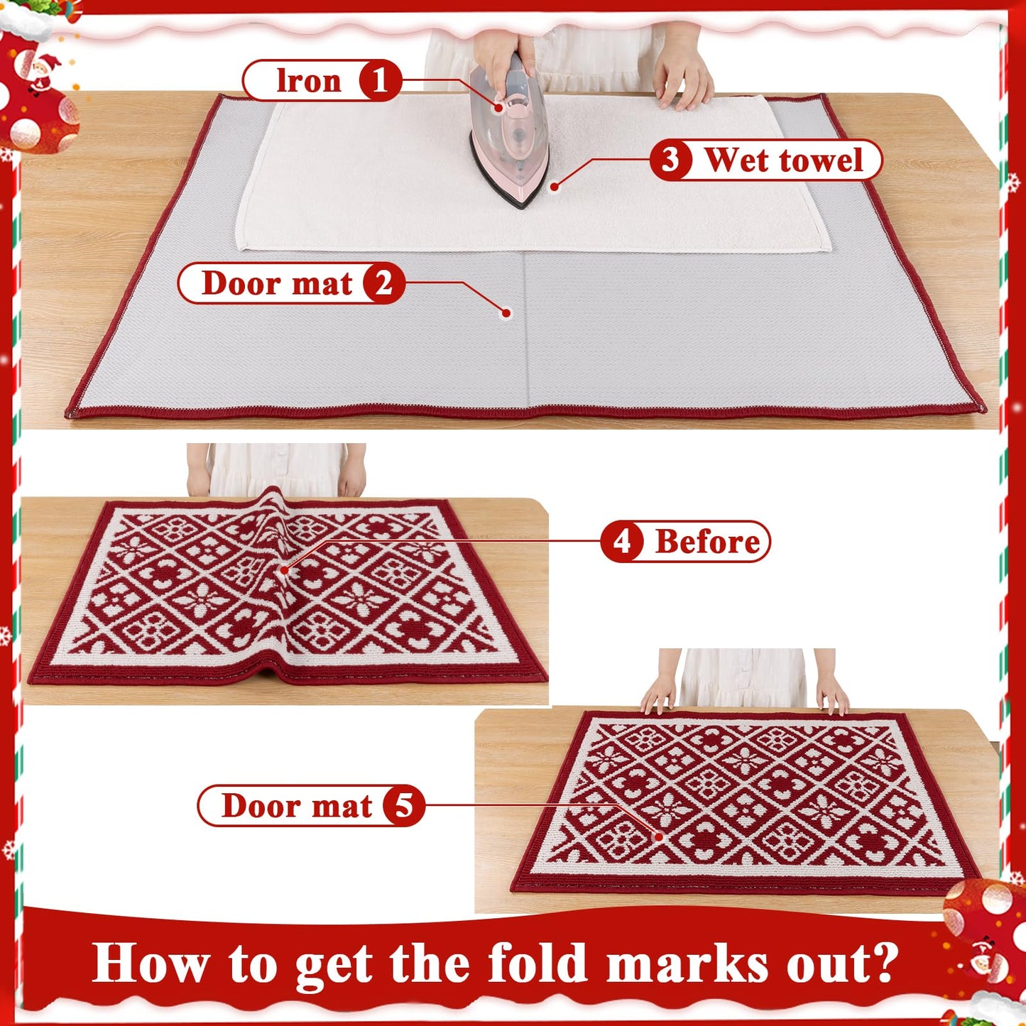 Ileading Christmas Entrance Door Mat, Absorbent Dog Mats for Muddy Paws, Low-Profile Small Red Xmas Decor Kitchen Runner Rug with Non-Slip Backing, Machine Washable Entryway Welcome Mat(Red 24"X36")