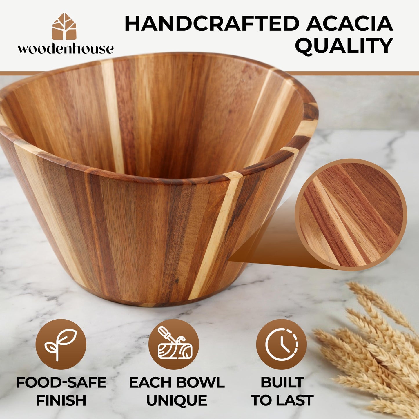 Extra Large Wooden Salad Bowl - Acacia 12” Multi-Purpose Wood Bowls - Decorative Bowls for Home Decor, Storage, Serving, Yarn - Durable Wavy Handmade Design - Wooden Fruit Bowl for Kitchen Counter
