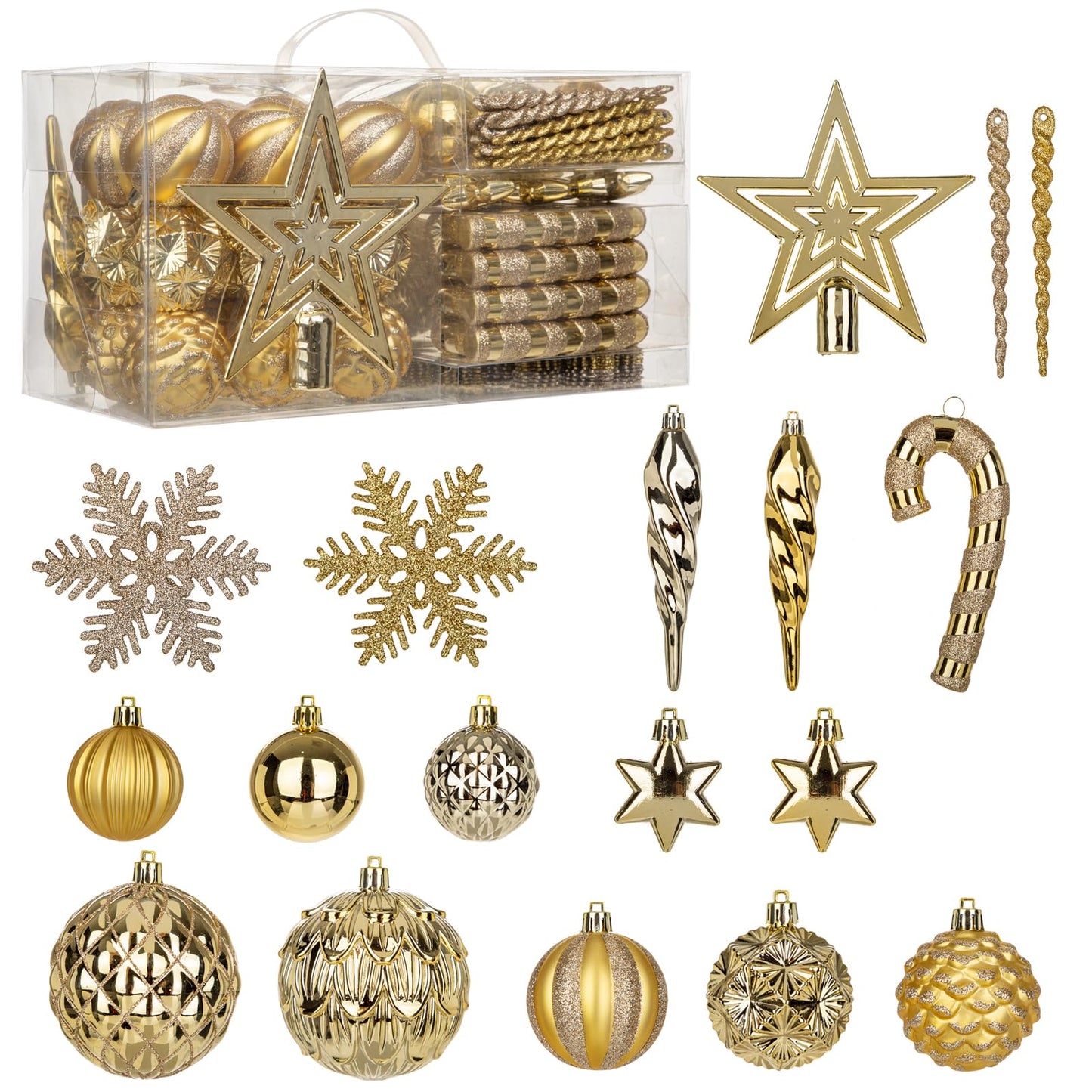 Briful 80ct Gold Christmas Balls Ornament Set, Plastic Shatterproof Christmas Ornament Balls with Tree Topper Candy Canes Snowflakes for Xmas Tree Wreath Garland Decor