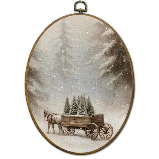 QZQE Vintage Christmas Winter Forest Oval Wall Art Decor Framed, Winter Landscape Pine Trees Carriage Oval Canvas Prints, Cozy Rustic Wall Hanging Decor for Home Bedroom Living Room, 8.6x11.4 Inch