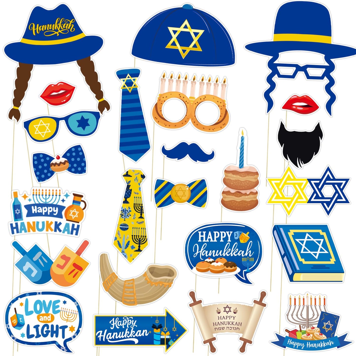 Hanukkah Photo Booth Props Party Supplies - Funny Jewish Chanukkah Party Favors Decorations - Jewish Holiday Cardstock Photo Props with Assembly Sticks - Set of 24 Counts