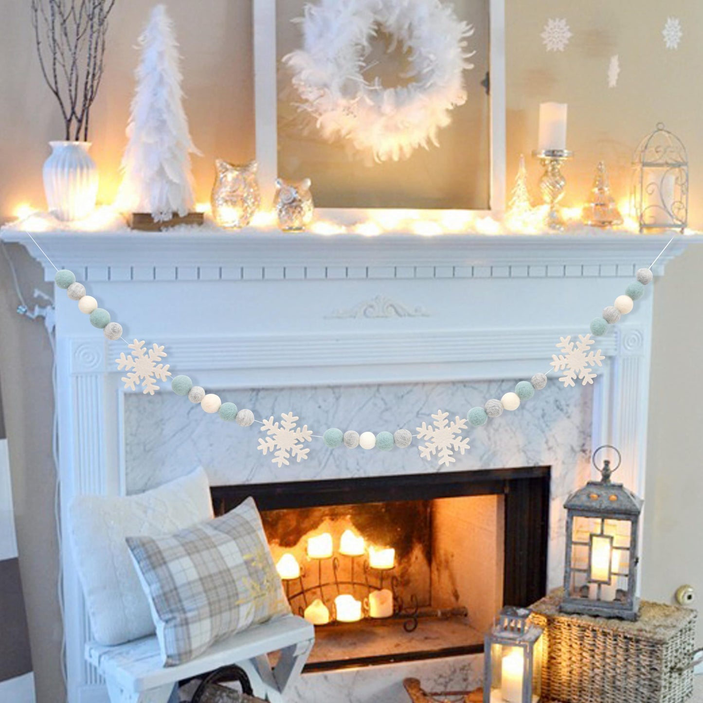 Snowflake Felt Ball Garland - Winter Birthday Home Decorations,Frozen Snowflake Garland Photo Props,Winter Wonderland Felt Ball Banner,Felt Snowflake Mantel Wall Hanging Decoration