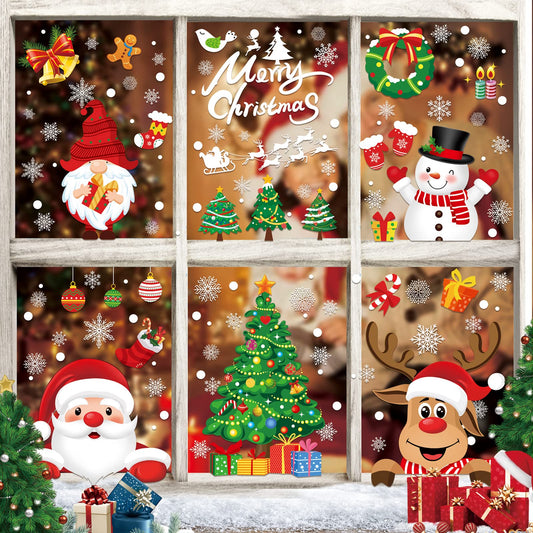 Christmas Window Clings 245pcs Christmas Decals Reusable Double Sided Printed Self Adhesive Window Decorations Santa Claus, Moose, Snowman,Socks,Dwarfs,Xmas Tree and Snowflakes Window Clings, 9 Sheet