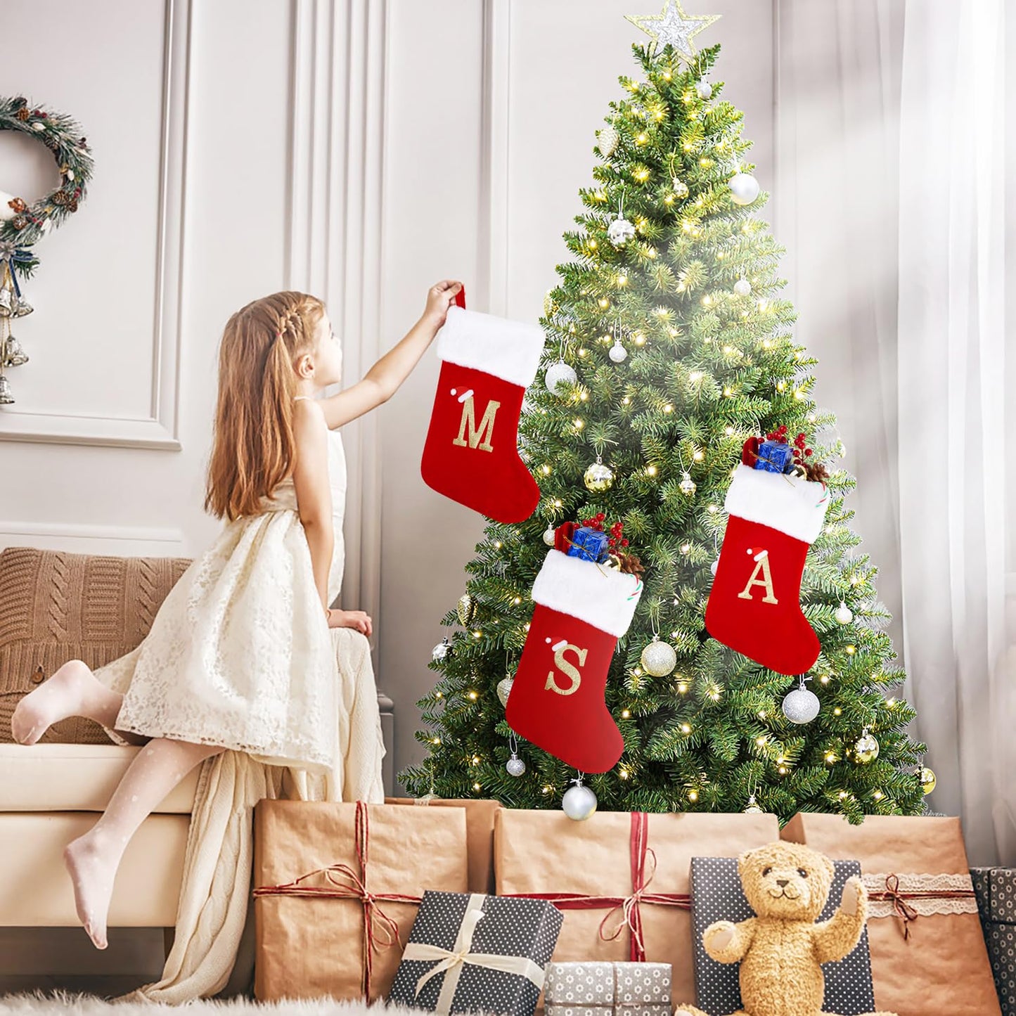 Sailup 20 Inches Monogram Christmas Stockings with Letters, Large Super Soft Christmas Stockings Red Velvet with White Super Soft Plush Cuff for Christmas Xmas Tree Holiday Fireplace (R)