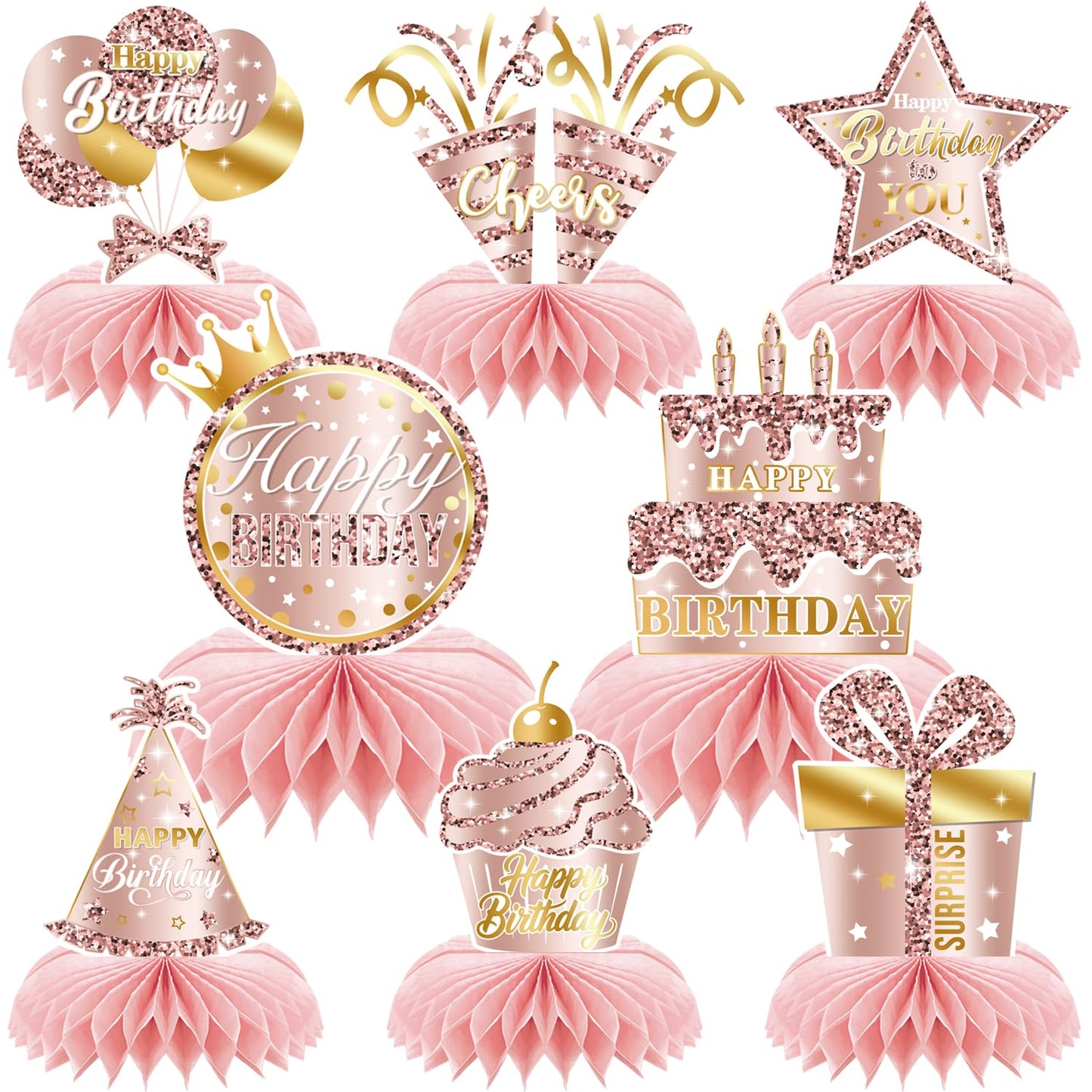 Pink Rose Gold Birthday Honeycomb Centerpieces Decorations Rose Gold Theme Party Table Centerpieces Women Girl Party Glitter Honeycomb Table Toppers Supplies