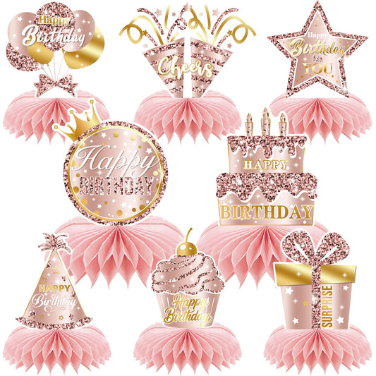 Pink Rose Gold Birthday Honeycomb Centerpieces Decorations Rose Gold Theme Party Table Centerpieces Women Girl Party Glitter Honeycomb Table Toppers Supplies