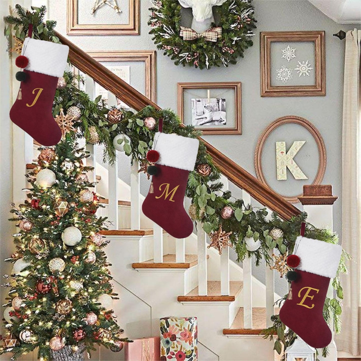 Pxniy 19.5 inches Personalized Velvet Christmas Stocking,Initials Embroidered Letter Christmas Stocking with pom poms, for Fireplace Hanging Decor and Xmas Gift(Burgundy J)