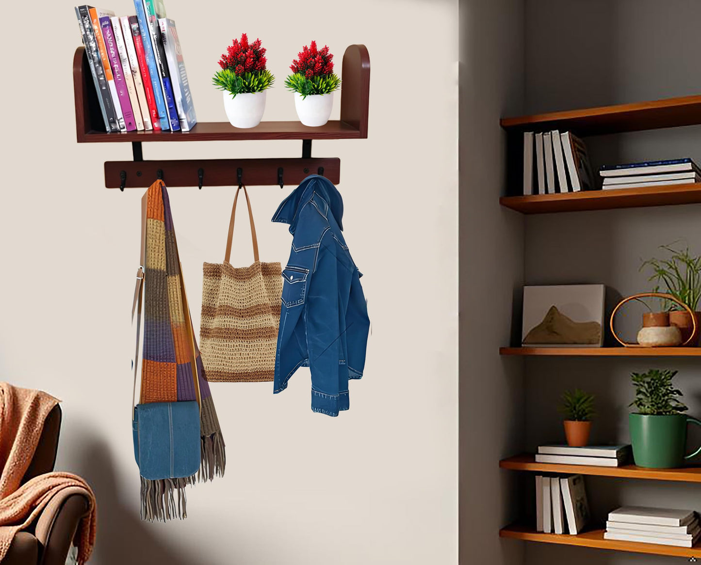 RichArrive Selling at a Loss Promotion,Wooden Shelf with Hooks - Multipurpose Organizer for Kitchen, Books, Kitchen Shelf - Wall Mounted Natural Wood Storage Rack for Home，Floating Book Shelves