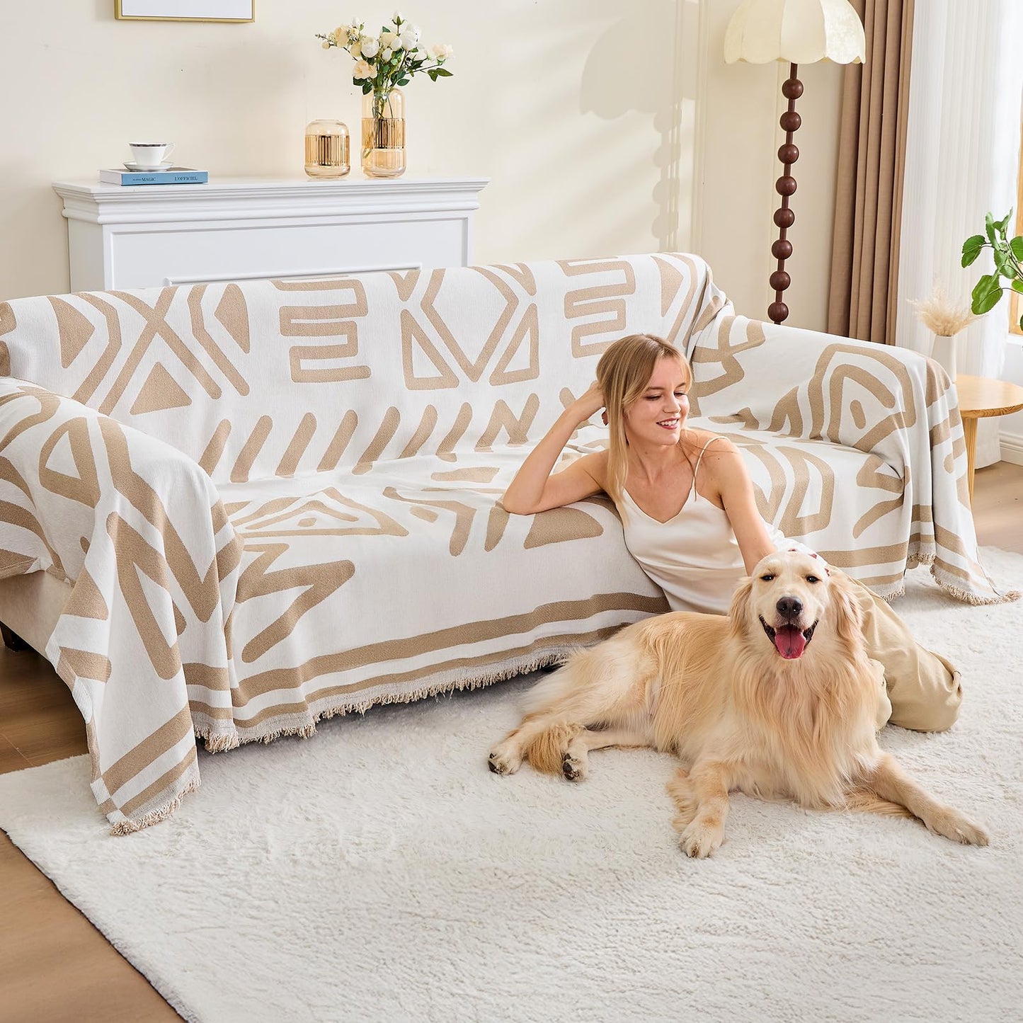Taque Boho Couch Cover Sofa Covers for 2 Cushion Couch, Couch Covers Washable Blanket Sofa Covers, Chenille L Shape Sectional Couch Covers for Dogs, Sofa Blanket Cover for Living Room (Khaki)