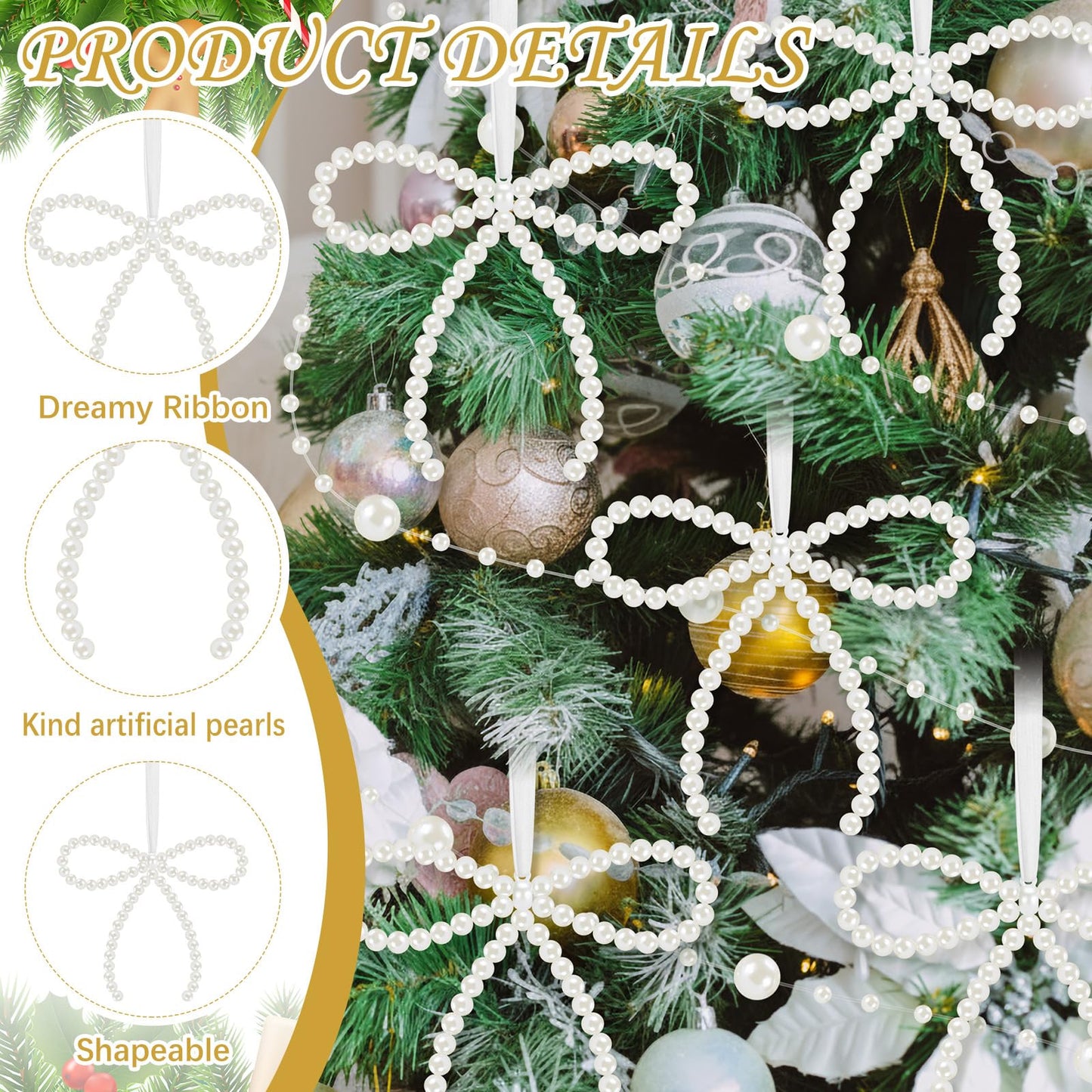 Chunful 37 Pcs Pearl Bow Christmas Tree Ornaments Pearl Bow Beads Garland Decorations for Xmas Cake Holiday Wedding Home Decor Crafts