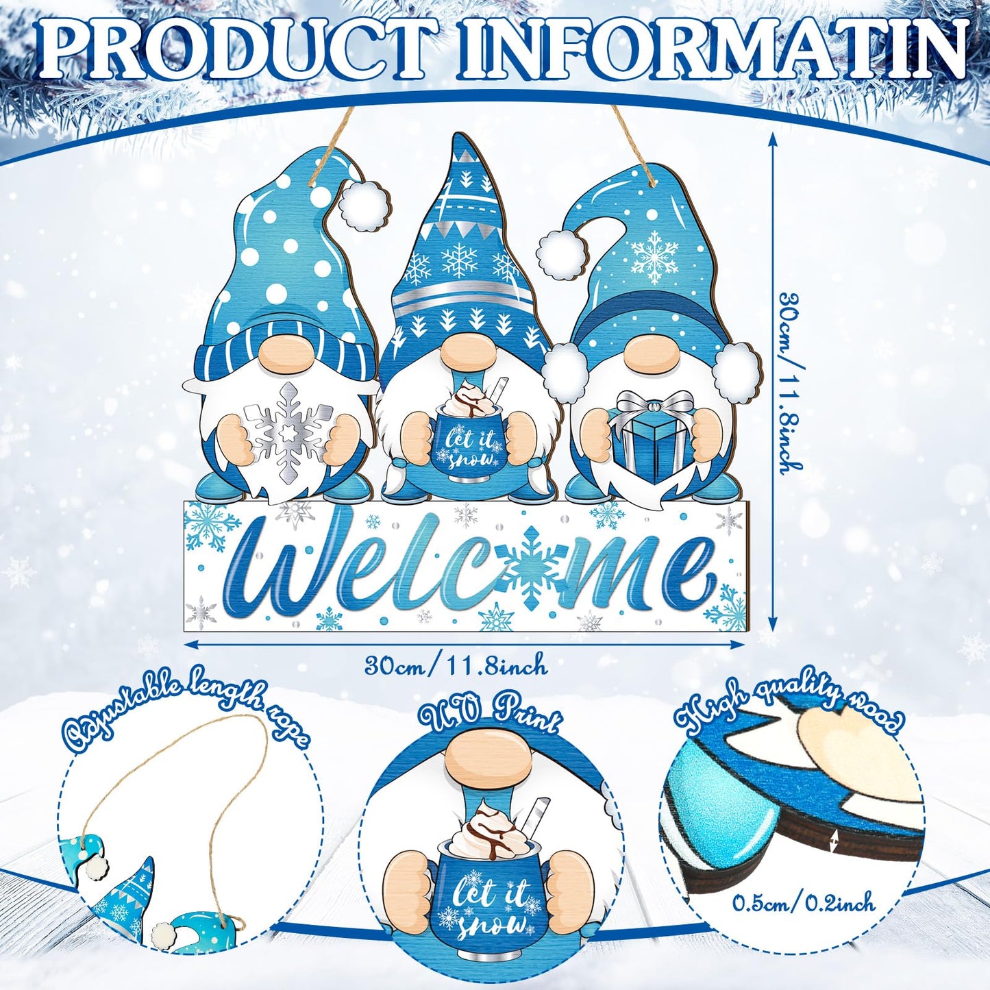 Panelee Winter Welcome Door Sign Gnome Hanging Decoration Let It Snow Wooden Gnome Sign Blue Snowflake Door Hanger with Rope Hanging Decoration for Front Porch Home Winter