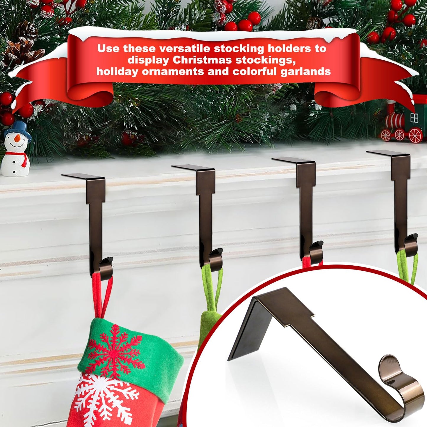 SPSHENG Christmas Stocking Holders for Mantle, 4 Pack Stocking Hangers for Mantel, Non-Skid Stocking Hangers, Lightweight Stocking Hooks for Fireplace Home Party Decor
