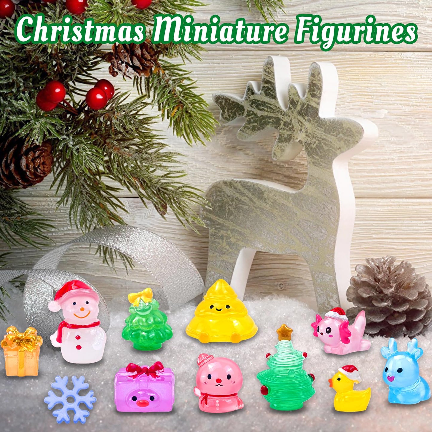 Feivando 52 Pcs Luminous Mini Christmas Figurines Glow in The Dark Tiny Little Resin Snowman Miniature Figures for Xmas Holiday Crafts Garden Micro Landscape Party Home Table Decor