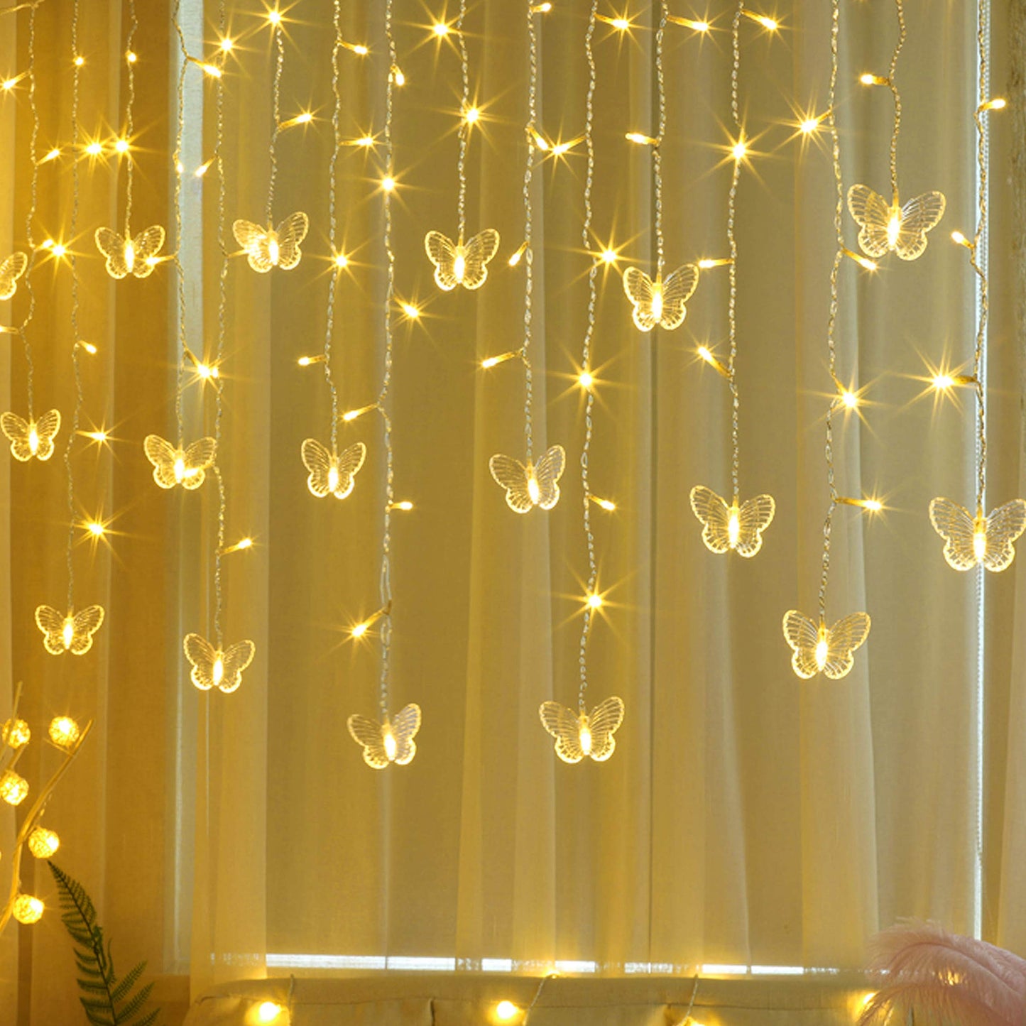 Decorman Butterfly Curtain Lights, 13ft 96 LED USB Window Fairy Lights 16 Butterflies 8 Modes Firefly Twinkle Timer String Lights with Remote for Room Bedroom Wall Ceiling Party Wedding Christmas