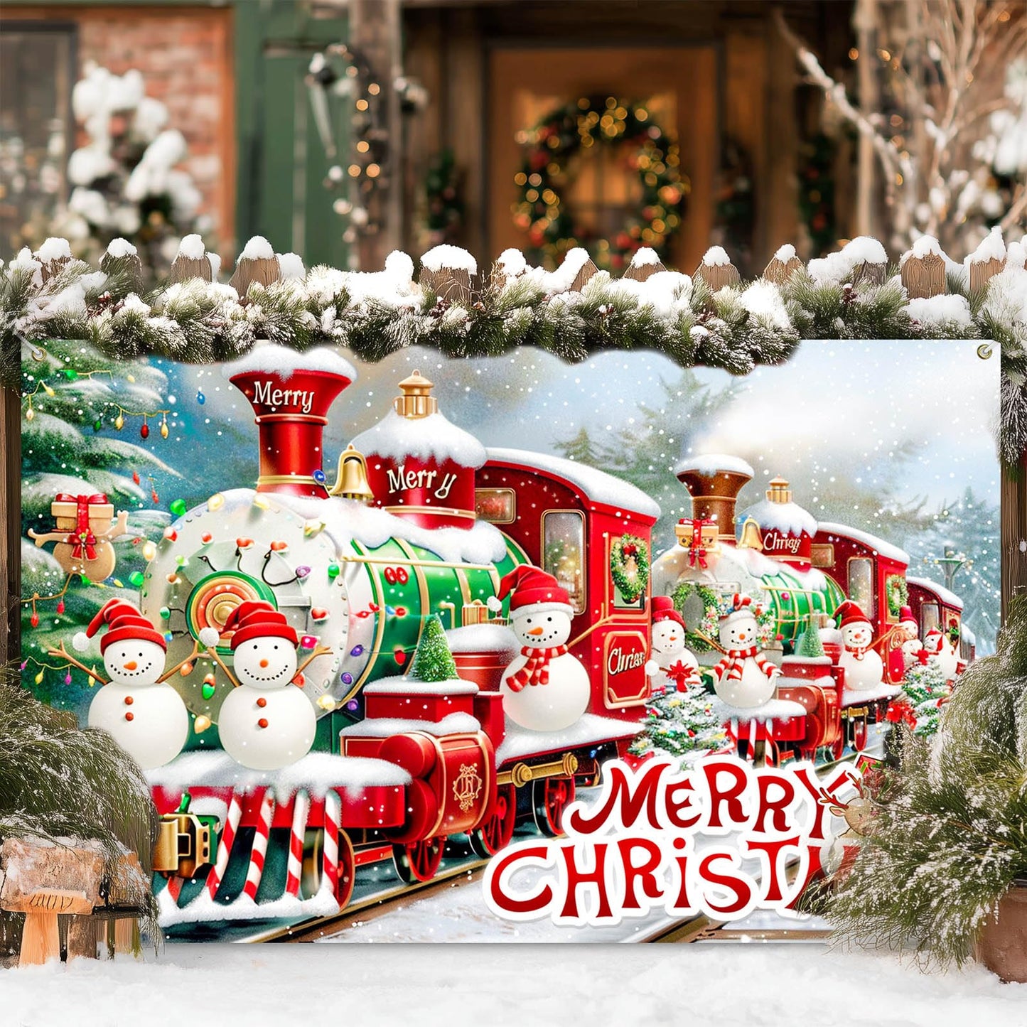 BlissYard Christmas Backdrop Photography Background Train Snowman 71x43 Inch Winter Holiday Season Family Party Birthday Glitter Merry Xmas Decoration Photo Booth Prop