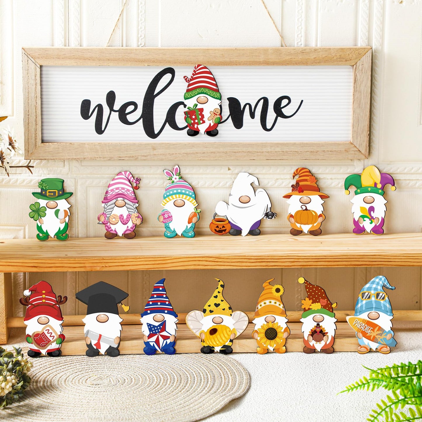 Bucherry Interchangeable Welcome Seasonal Tabletop Sign with 16 Pcs Seasonal Gnome Magnet Icons Holiday Christmas Wooden Horizontal Plaque Hanging Wall Sign Gift for All Seasons Counter Table