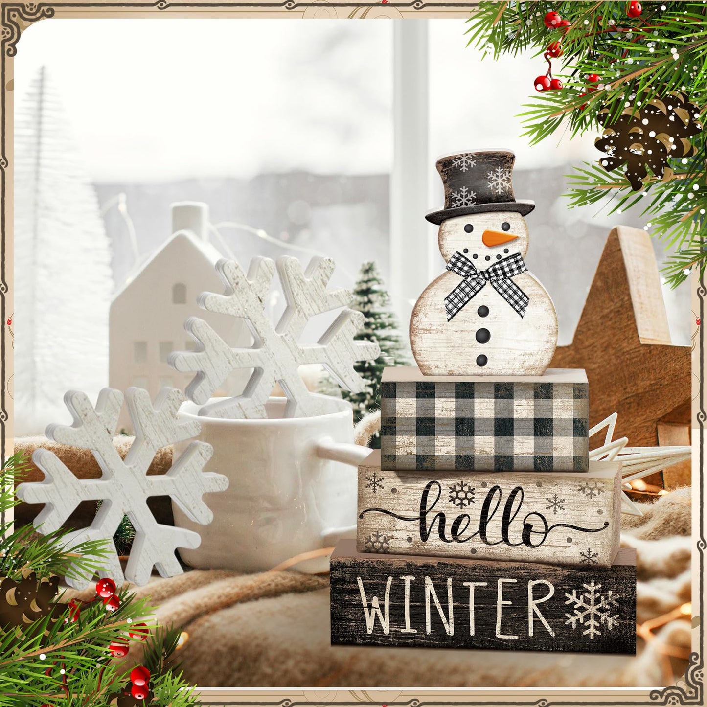 Colingmill 6 Pcs Snowman Christmas Decor Winter Table Decorations Winter Tiered Tray Decor Wooden Snowman Snowflake Signs Christmas Table Centerpiece for Farmhouse Home Kitchen Shelf Office Decoration