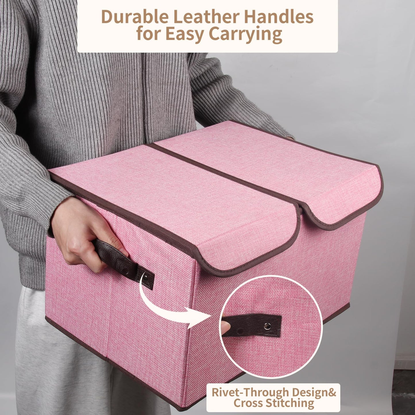 Tcbelosion Foldable Fabric Storage Box, 16.5 x 11.8 x 9.8 inches (L x W x H), with Double-Lid & Dividers, Large Organizer for Home, Closet, Office(Pink)