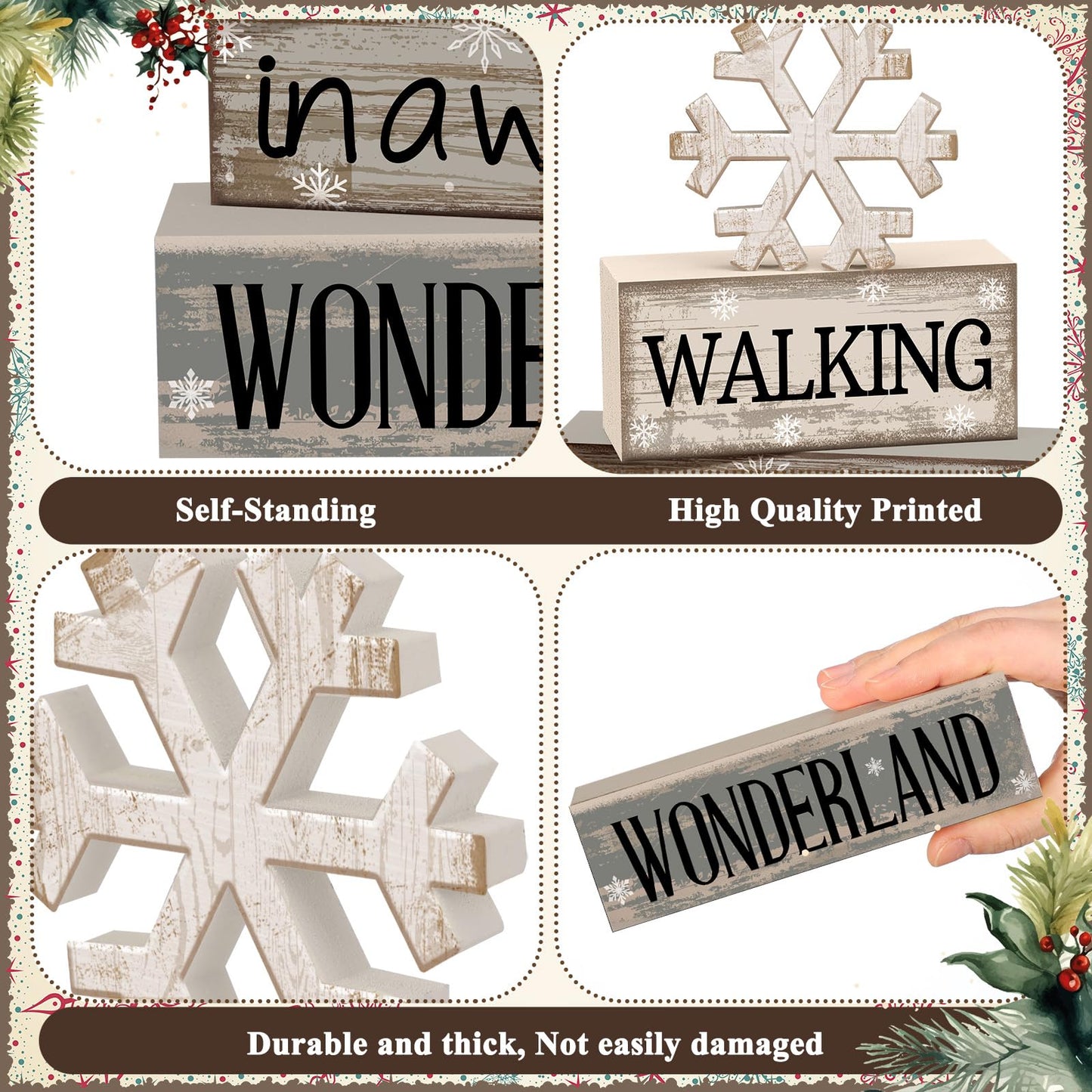Moucuny 4 Pcs Winter Table Decorations Wooden Snowflake Decor Winter Tiered Snow Tray Decor Rustic Block Signs Gift Farmhouse Christmas Centerpiece for Wonderland Party Kitchen Shelf Home