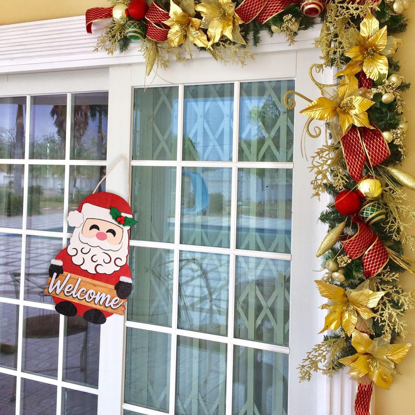 Christmas Welcome Sign - Santa Claus Christmas Door Hanger - Winter Wooden Decor for Tree, Front Door, Porch, Wall, Party Decorations