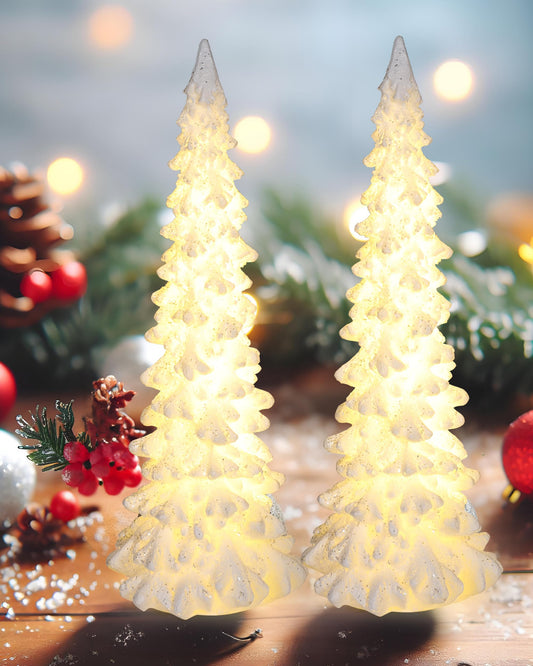 GoGnome 2-Pack Tabletop Christmas Tree with Lights - 8.3'' Resin Battery Operated White Christmas Tree - Light Up Christmas Decor Indoor Christmas Decorations (Trees)