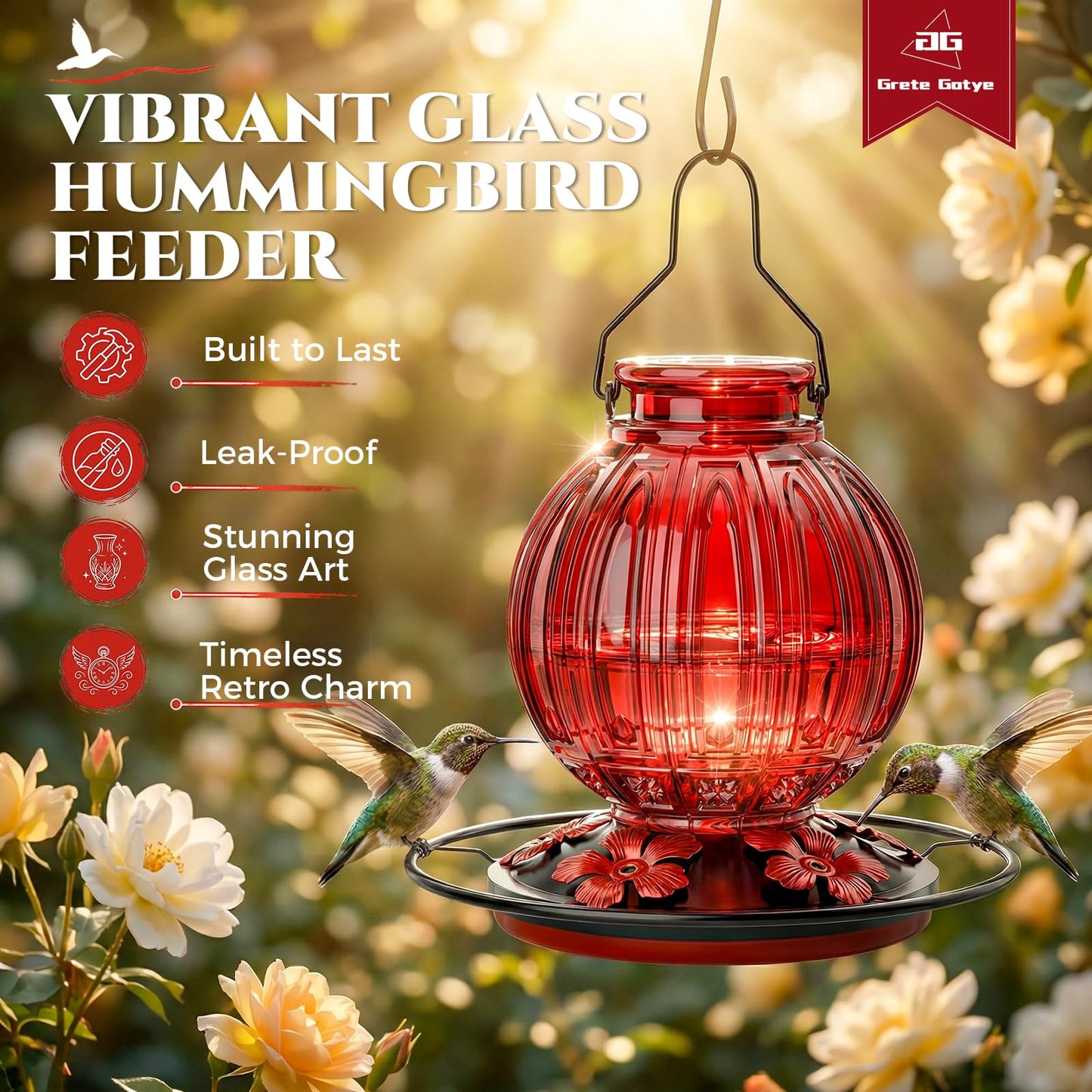 Glass Hummingbird Feeder for Outdoors Hanging, 26Oz Bird Nectar Feeder with Perch & 5 Flower Feeding Ports, Leak Proof for Outside Garden Decor Backyard, Gifts for Women Mom, Red
