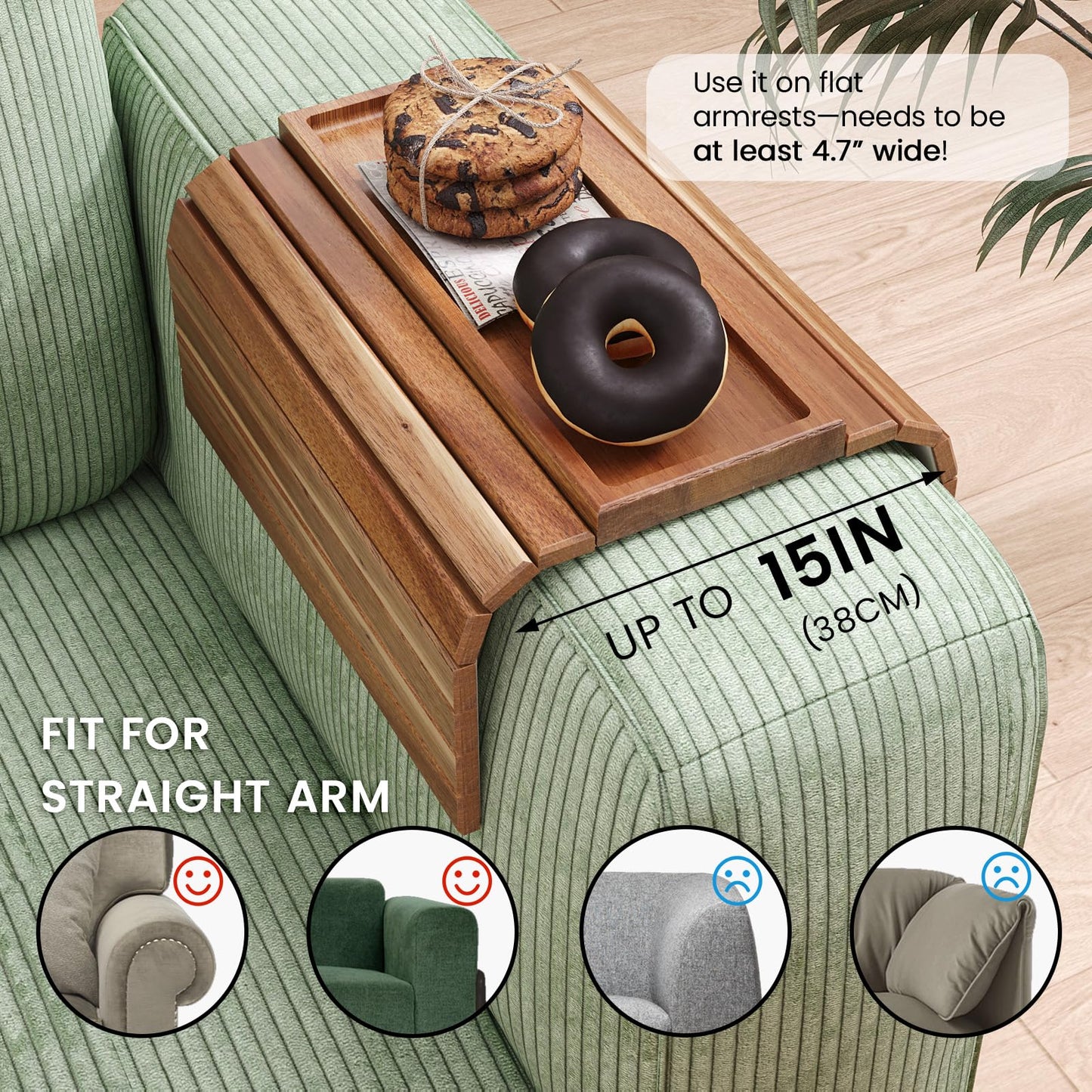 Danfoxer Sofa Arm Tray,Acacia Wood Folding Couch Arm Tray,Sofa Armrest Trays with Anti-Slip Pad for Drinks,Snacks,Phone,Remote Control