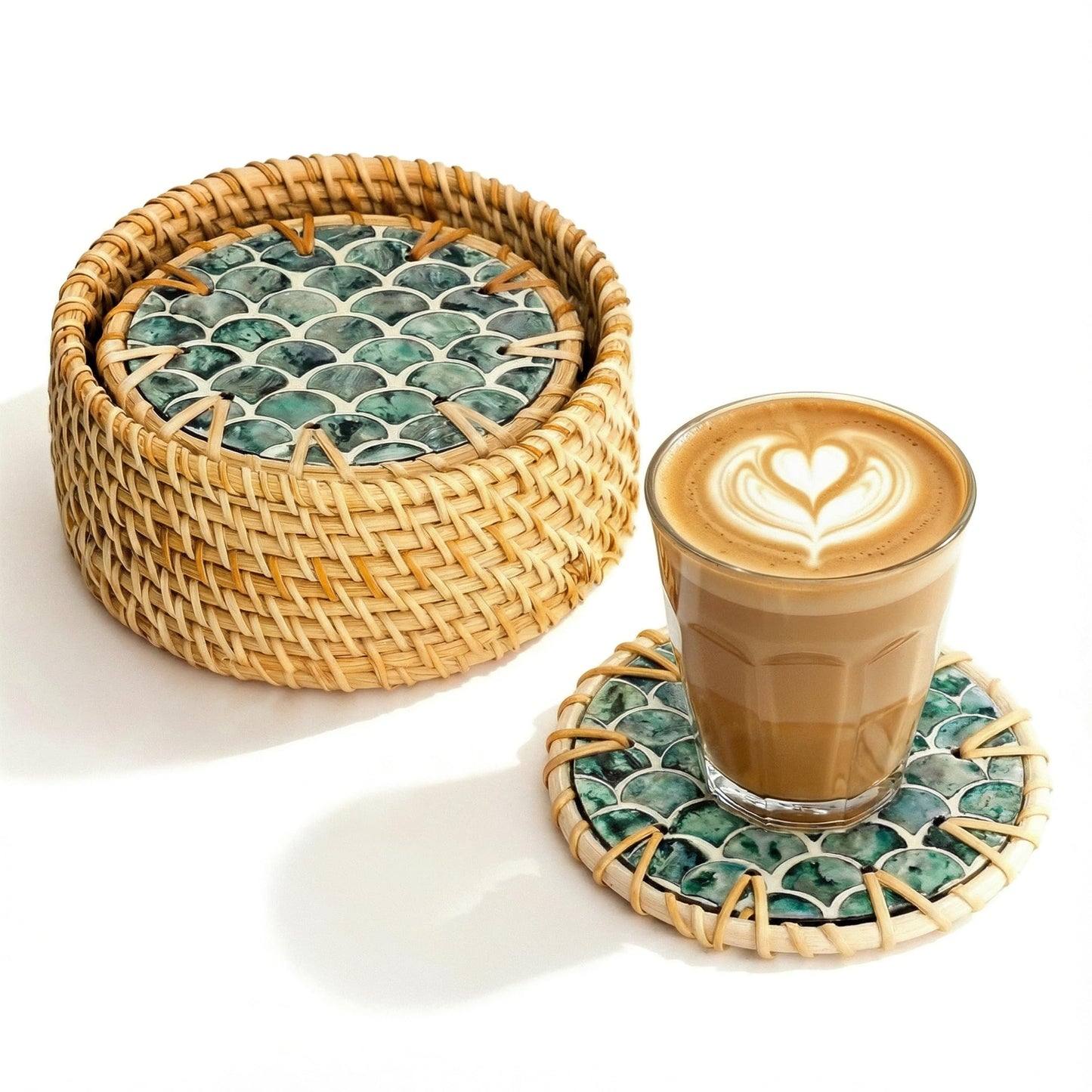 JUNGLE CULTURE Mother of Pearl Rattan Coasters for Drinks with Holder • Handmade Round Coaster Set of 6 • Sustainable Wicker Homeware • Coffee Table, Mugs, Glasses, Tiki Cups • Coastal Boho - Cascade