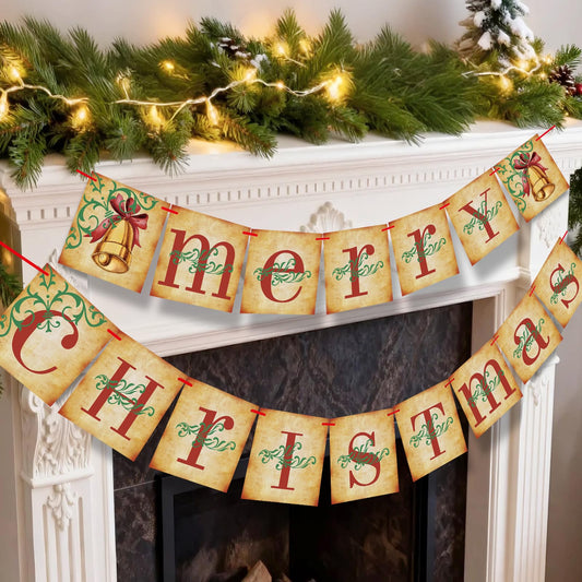LXDNBGO Vintage Christmas Decor, Pre-Strung Retro Merry Christmas Banner - Traditional Old Fashioned Victorian Christmas Decorations for Home Indoor Office Fireplace Mantle Wall Farmhouse