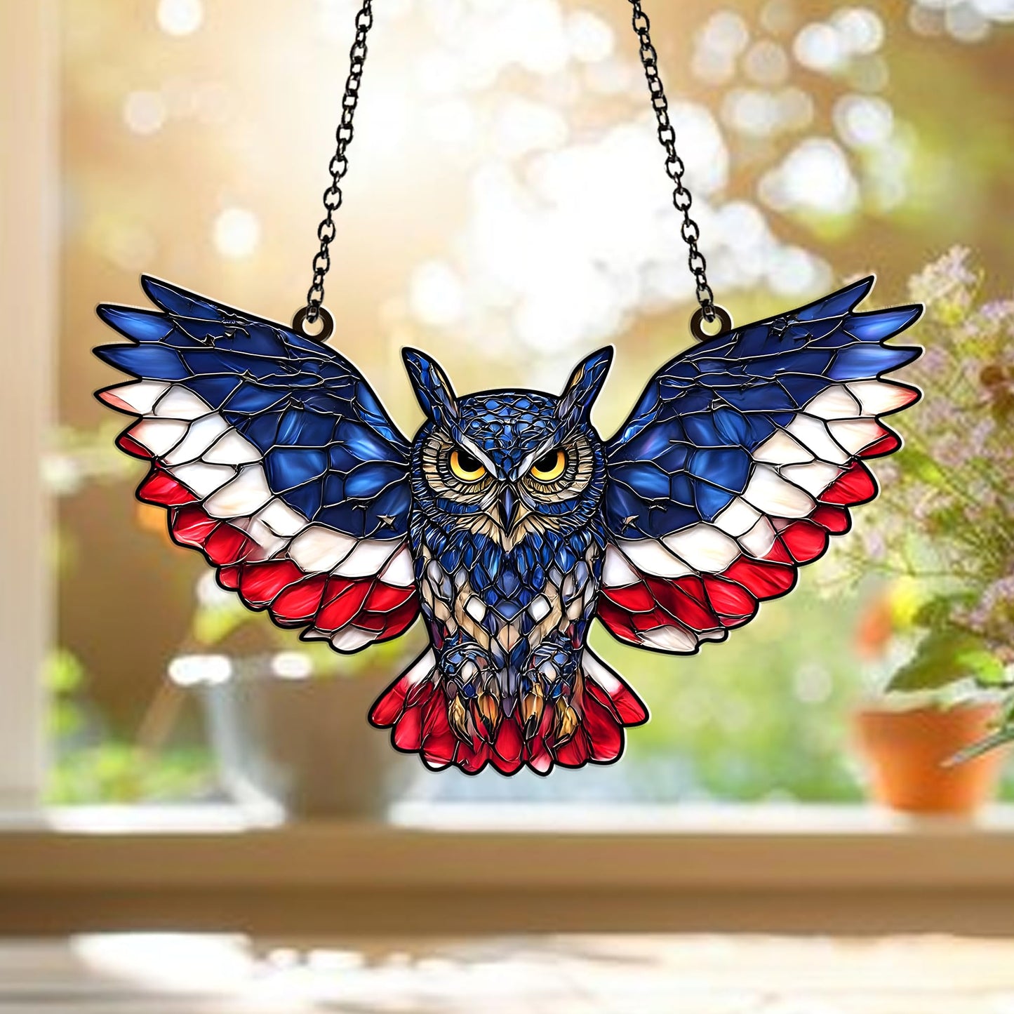 American Flag Owl Suncatcher Acrylic Suncatcher Window Hanging Ornament Patriotic Owl Decor for Home, Garden, Office 4th of July Gifts Bird Ornament for USA Lovers, Veterans, Nature Fans