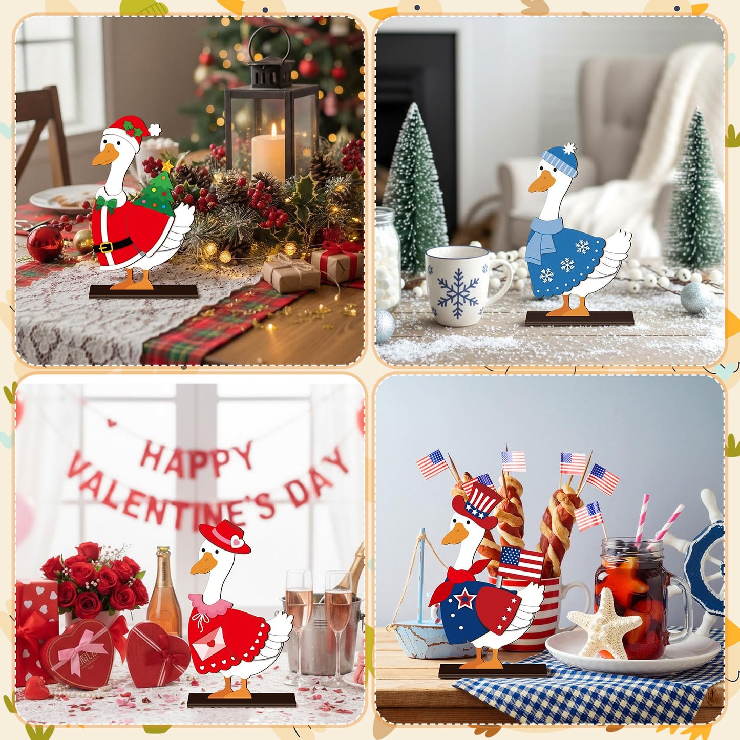 Menkxi 27 Pcs Interchangeable Seasonal Goose Table Decor Wooden Desk Goose Outfit Signs Farmhouse Table Centerpiece with Holiday Icon Rustic Spring Patriotic Memorial Day Spring Decor for Home Office