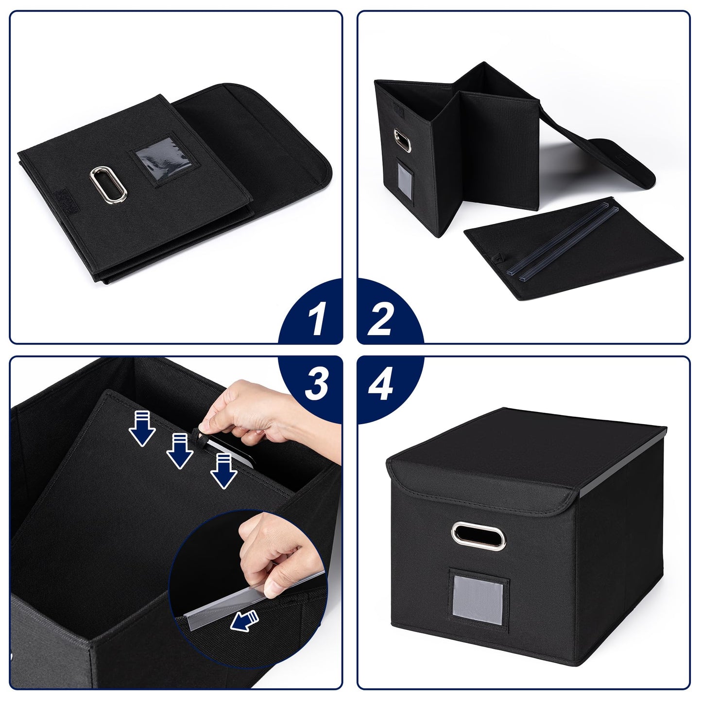 CADONO File Organizer Box with Lid, Large Hanging File Folder Organizer with Plastic Slide, Collapsible Portable Filing Storage Boxes for Office/Decor/Home (Black, 14.9 x 12.59 x 10.8 inch)