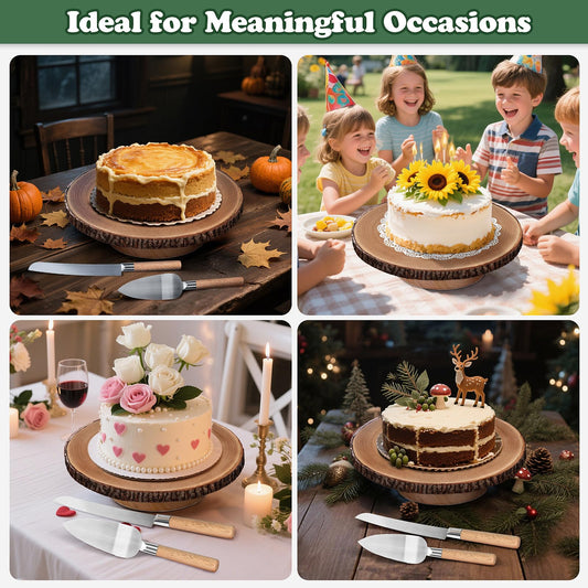 Rotating Cake Stand 12" Wood Cake Stand with Cake Cutting Set,Rustic Wooden Cake Stands for Party/Wedding/Baking Gifts/Event/Cake Turntable for Decorating