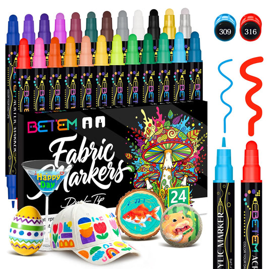 Betem 24 Colors Dual Tip Acrylic Paint Markers, Fabric Decorating Kits Premium Water-Based Acrylic Paint Pens Art Supplies for Fabric, Rock, Wood, Glass, Canvas, Ceramic, Teacher Appreciation Gift