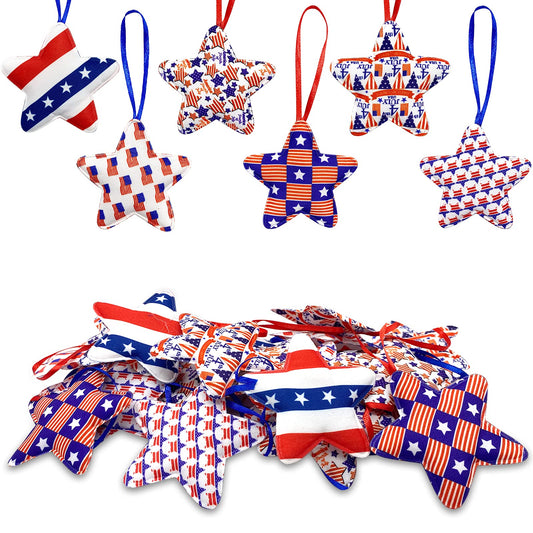 Deloky 30 Pcs 4th of July Decoration Fabric Wrapped Stars, 3.5 x 6.1 Inch Patriotic Ornaments Red White and Blue Stars, Memorial Day Tree Decorations for Independence Day Veterans Day Decor