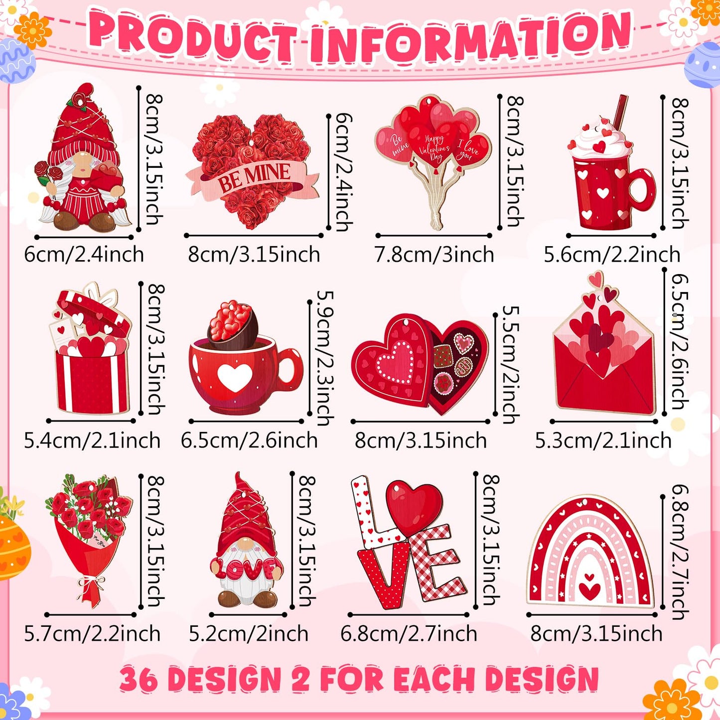 Anglechic 72 Pcs Valentine's Day Hanging Ornaments for Tree St. Patrick's Day Shamrocks Gnome Hanging Ornaments Happy Easter Egg Gnome Bunny Chick Cutouts Party Decorations(Flat Style,Wood)