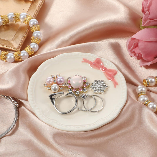 SynHHergyx Small Jewelry Dish, Ceramic Ring Holder Dish, Ceramic Jewelry Tray, White with Pink Bow Jewelrys Holder for Women, Small Jewelrys Tray for Vanity
