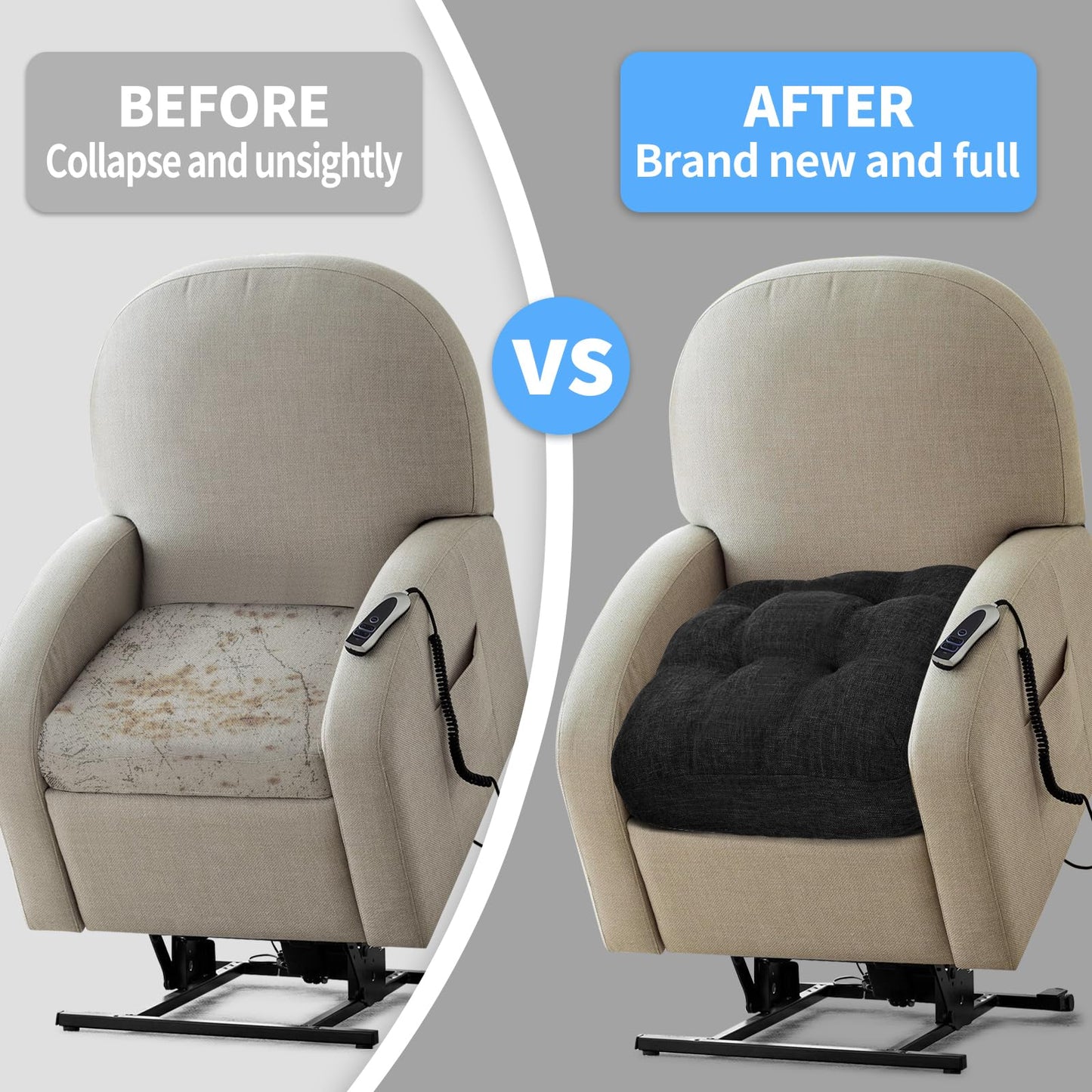 BUYUE Natural Latex Foam Support Chair Cushion for Elderly, 2-Tier Removable, 2-Faced Reversible Recliner Chair Pad Couch Armchair Seat Cushion Replacement, 20" x 20" x 5", Black