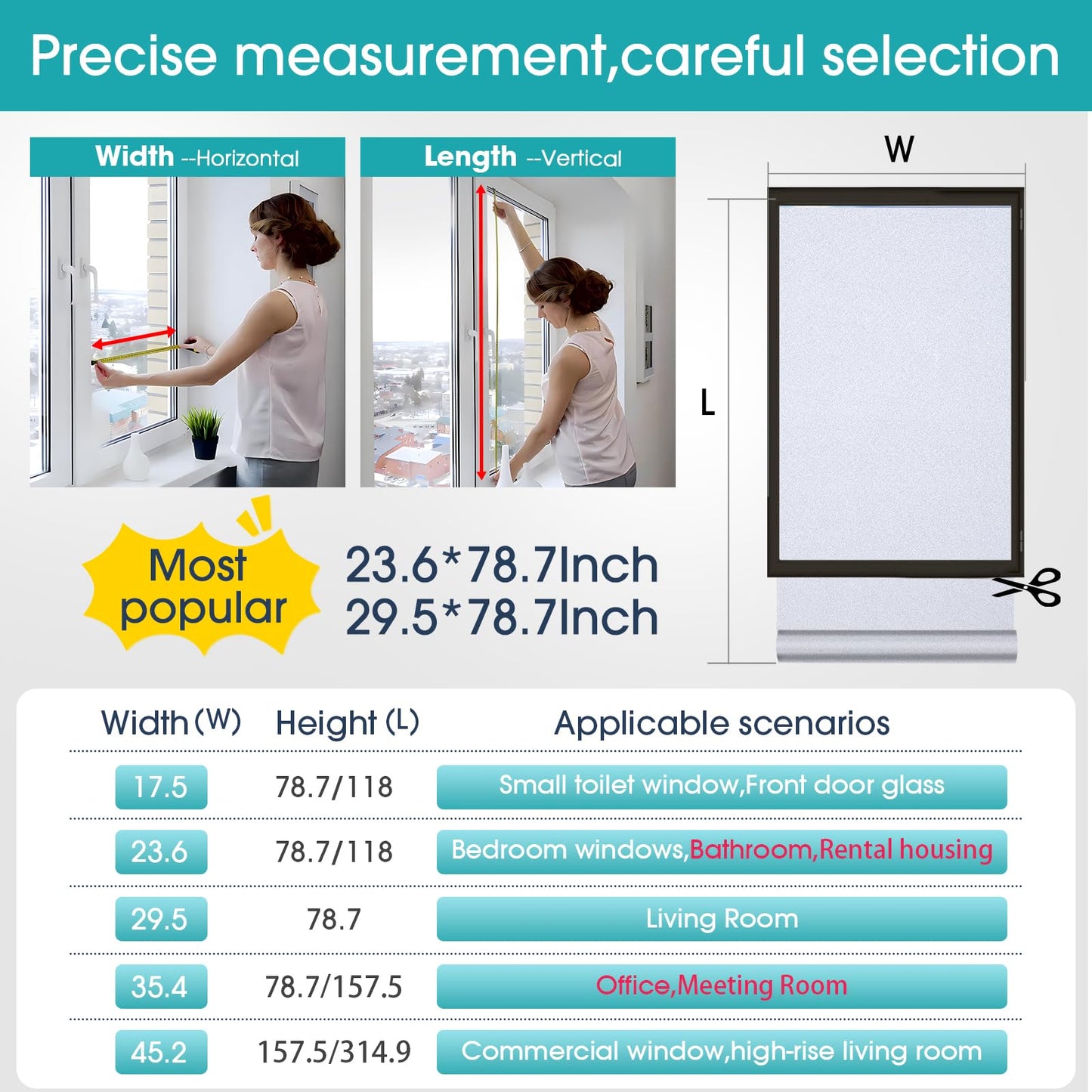 Coavas Frosted Glass Window Privacy Film Day and Night, Static Cling No Glue, Anti-Glare Heat Blocking, Renter-Friendly Removable Decorative Covering for Home Bathroom Bedroom, 17.5 x 78.7 Inch, Pure