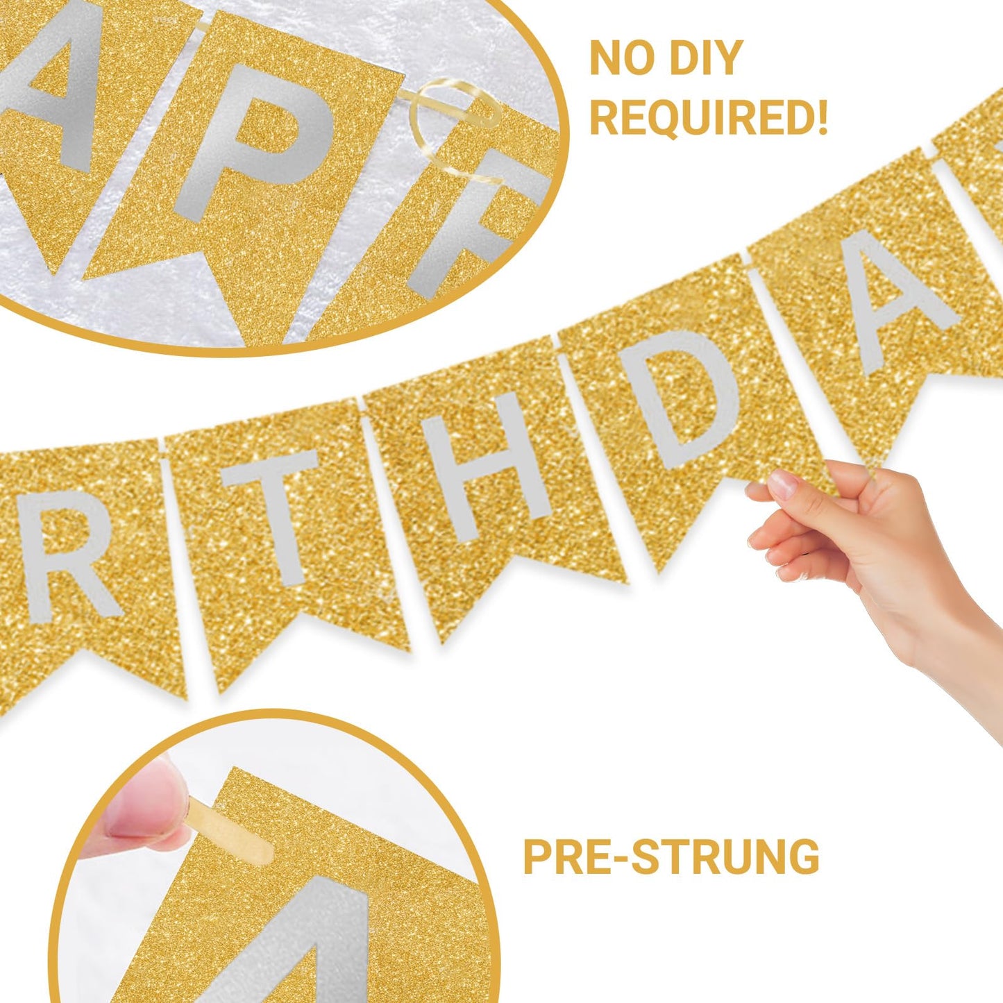 Gold Happy Birthday Banner - 16 ft Pre-Strung Gold Birthday Party Decorations Sign for Girls, Boys, Kids, Women - No DIY Hanging Backdrop for Indoor & Outdoor Celebrations