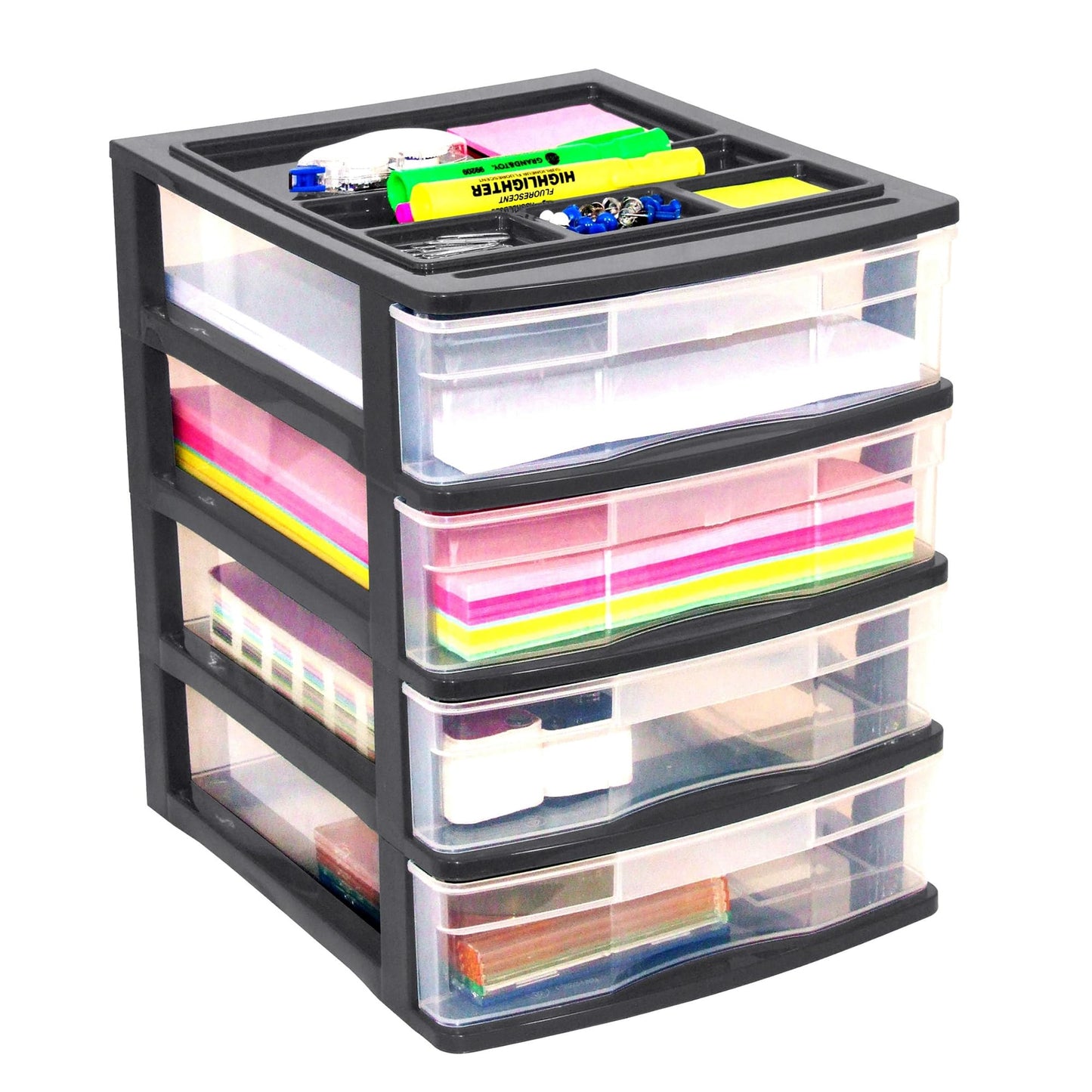Gracious Living 4-Drawer Desktop and Countertop Storage Organizer Drawer Set, Plastic Office Desk Organizer, Black/Clear