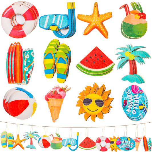 CANIPHA 36-Piece Summer Tree Ornaments Set - Wooden Hanging Ornaments with Ropes - Multicolored Nautical Decorative Hanging Ornaments - Birthday Party Supplies - DIY Decor