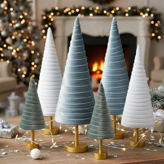 Hoolerry 6 Pcs Christmas Velvet Trees with Gold Pedestal Christmas Velvet Cones Tree Mantel Decor Modern Rustic Winter Home Minimalist for Holiday Entryway Table Wedding Centerpiece(Morandi)