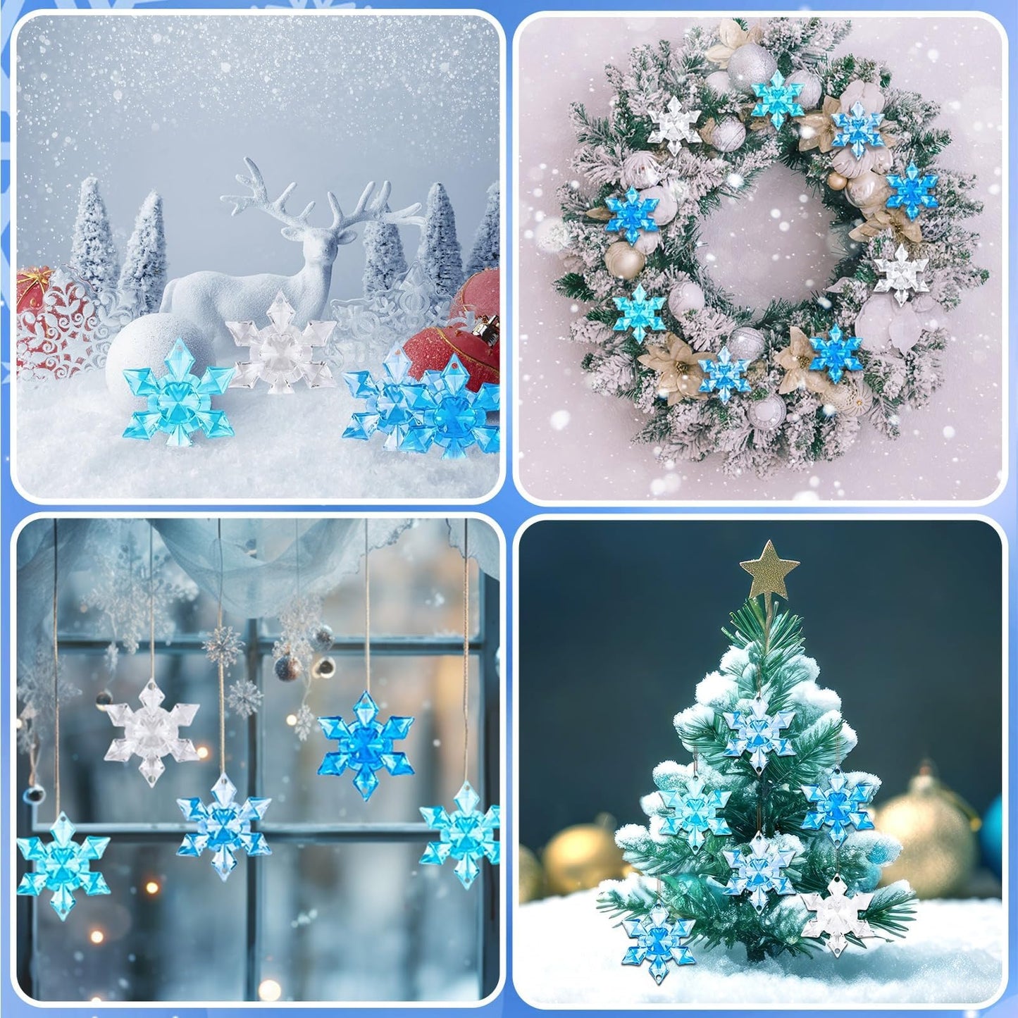BOARDFEB 60Pcs Christmas Acrylic Snowflake Ornaments, Winter 3D Translucent Snowflake Hanging Ornaments for Tree Crystal Pendants with Rope for Holiday Party DIY Decor (Blue 43mm)