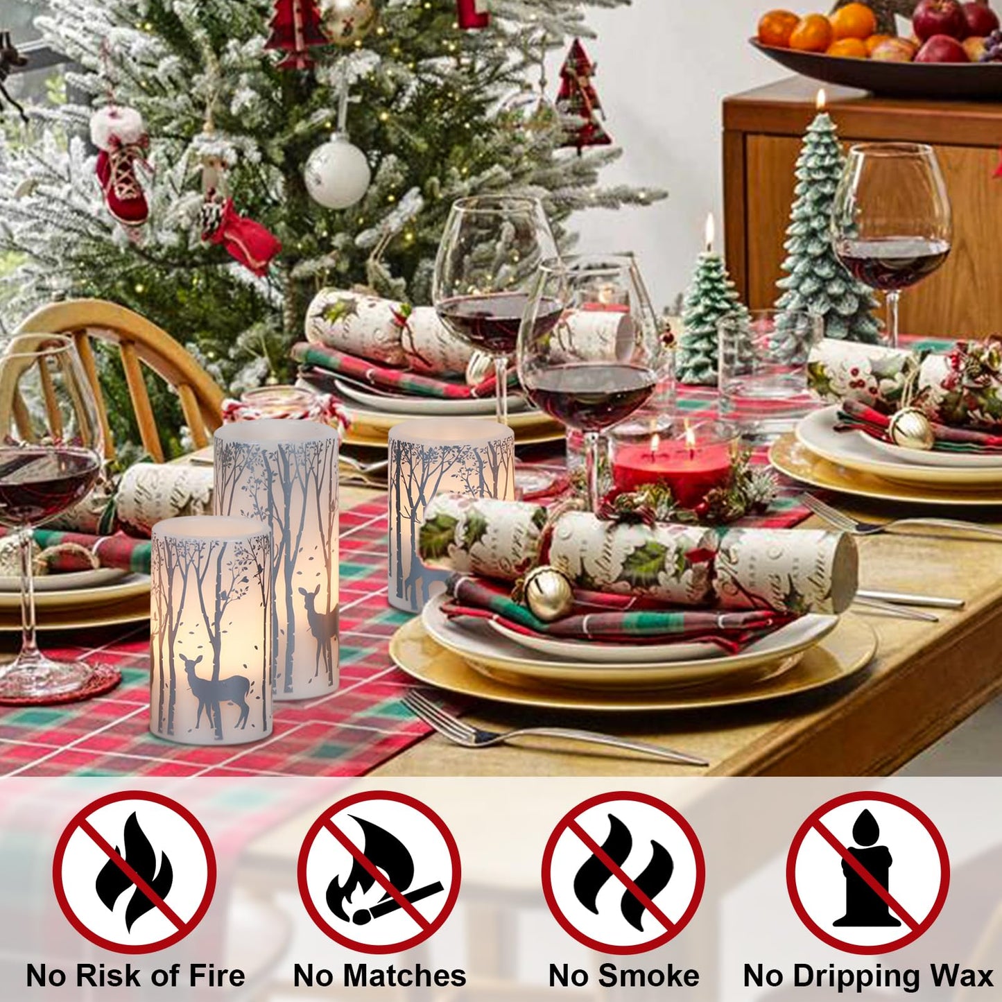 Eldnacele Christmas Flickering Flameless Candles with 6 Hour Timer, Silver Deer Decal Battery Operated Real Wax LED Pillar Candles Home Tabletop Holiday Decor(3Pcs,3×4/5/6 Inches)