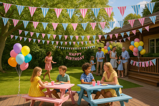 Oojami 100ft Pennant Banner Flags, Double-Sided Pink & Blue Striped Plastic Bunting, Durable Triangle Garland for Race Car, Circus, Carnival, Birthday Party, Indoor Outdoor Decor