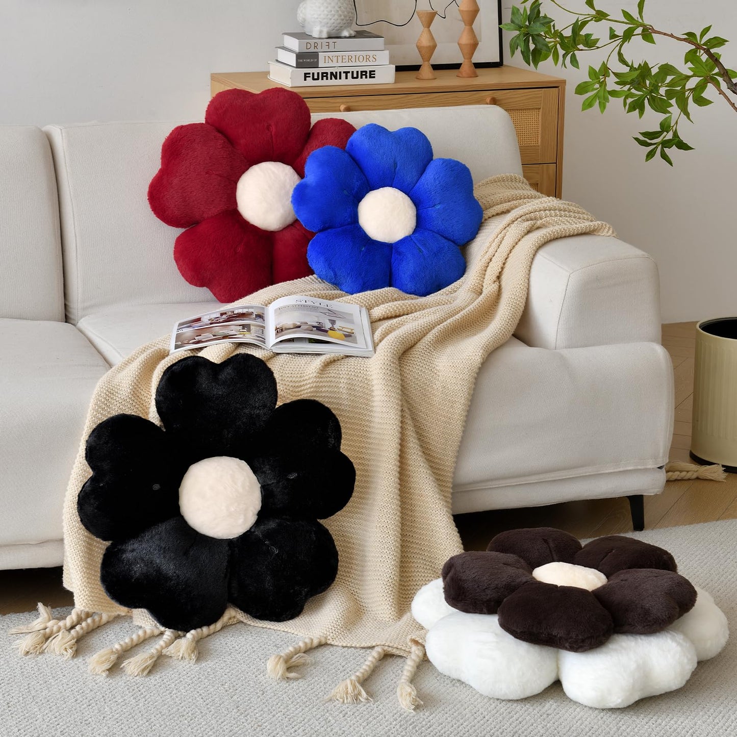 Flower Shaped Pillow, Cute Decorative Throw Pillows with Soft Rabbit Fur for Couch Bed Chair Floor, Christmas Pillow Seating Cushions with Room Décor for Bedroom Living Room(19.6 Inches, Brown)