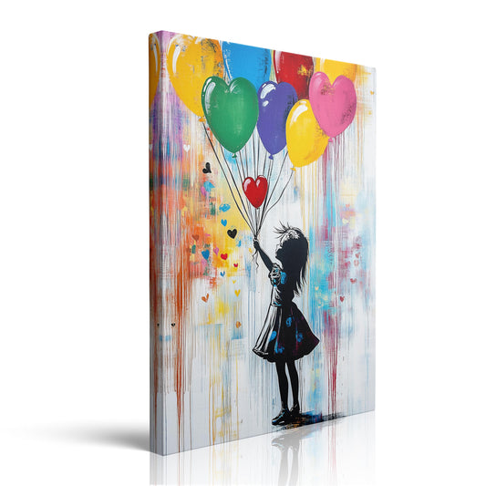 Silhouette Girl Heart Balloons Graffiti Canvas Wall Art Framed Print Painting Colorful Whimsical Banksy Wall Decor Artwork Poster Modern Playful for Girls Room Nursery Bedroom Decor 12x16 Inches