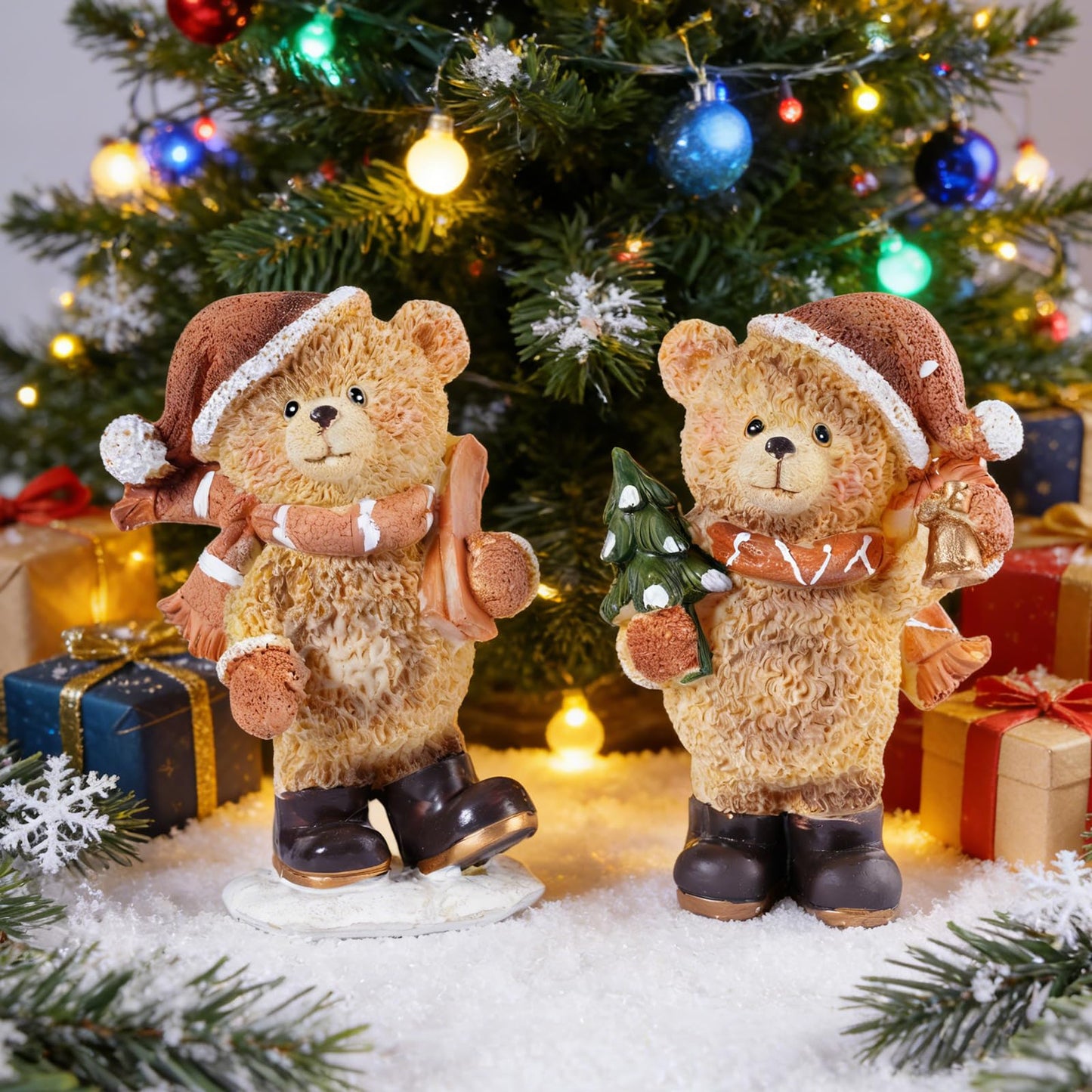 Brizoria Set of 2 Small Teddy Bear Figurines Resin Christmas Bear Decor Winter Tabletop Statue Cute Animal Teddy Bear Decorations for Home Mantel Shelf Living Room Little Bears Ornament