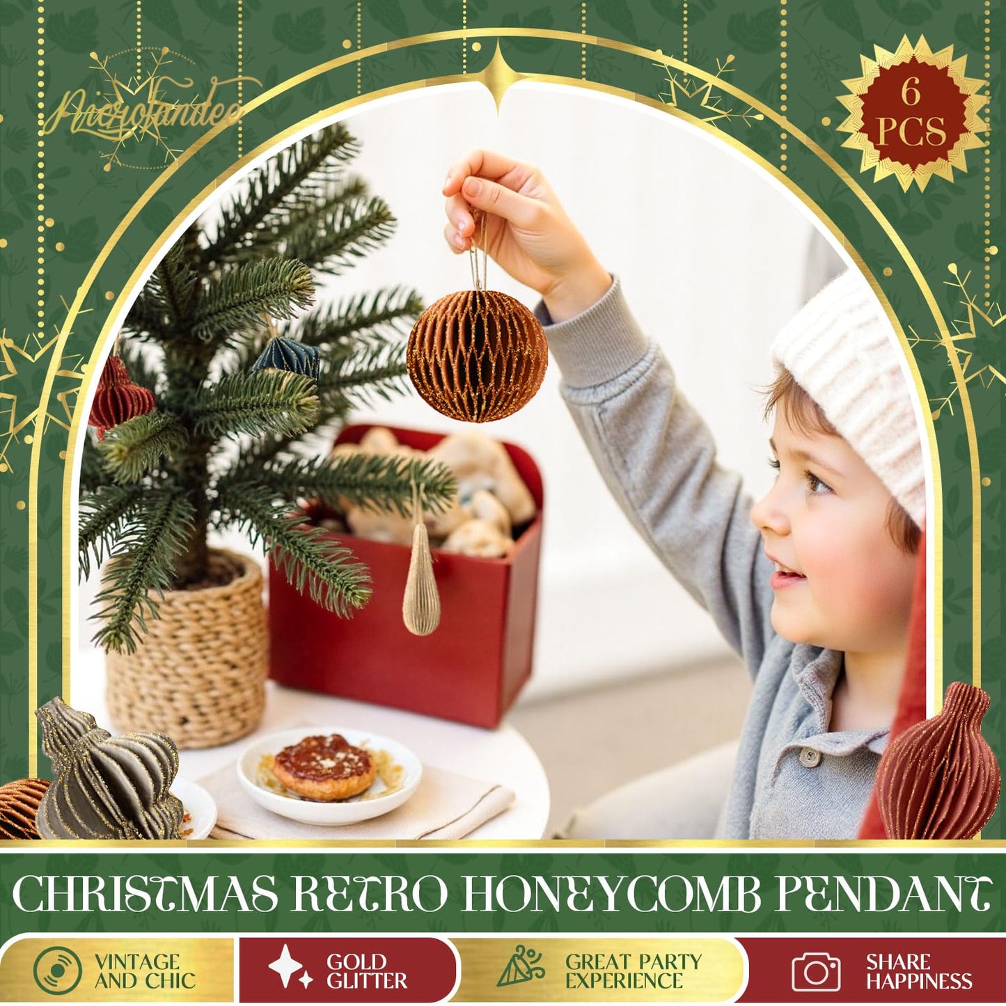 NICROLANDEE Christmas Decorations, 6 PCS Christmas Paper Honeycomb Ornaments with Glitter Edge, Mini Hanging Paper Lanterns for Christmas Tree Decoration Xmas Holiday Party New Year Decor
